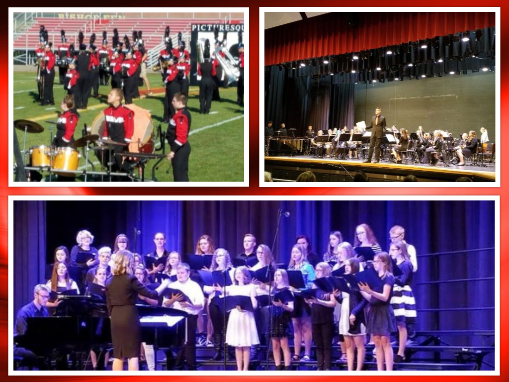 Collage of choir and band on field